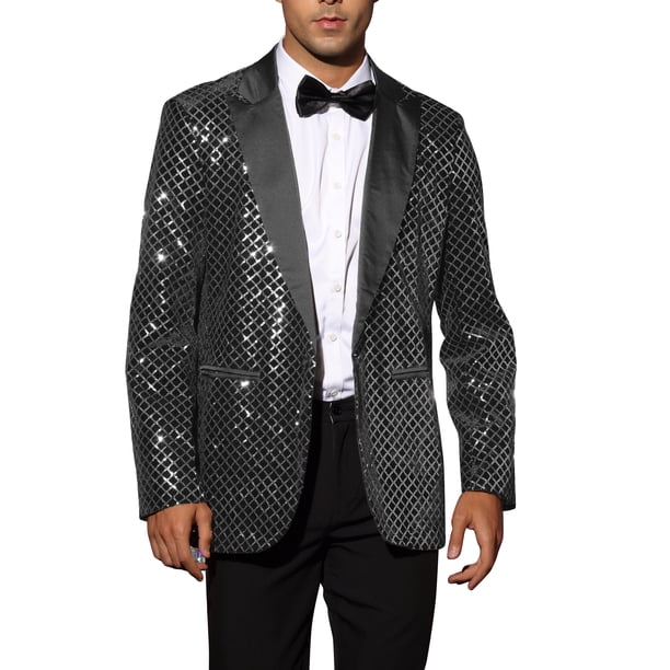 Blazer de lentejuelas INSPIRE CHIC para hombres, con solapa de pico, abrigo deportivo de cuadros brillantes, 2XL, negro y plateado