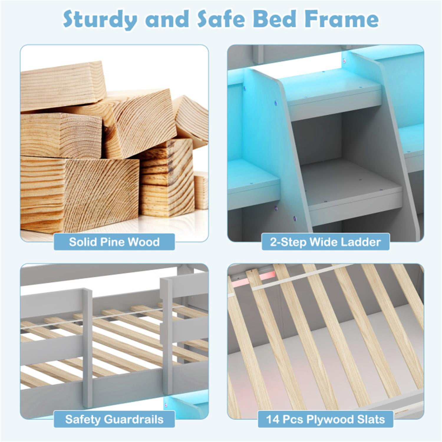 Demi Bonn Twin Size Loft Bed with LED Lights, Wooden Twin Low Loft Bunk Bed with Staircase and Safety Guardrail for Teens, Gray