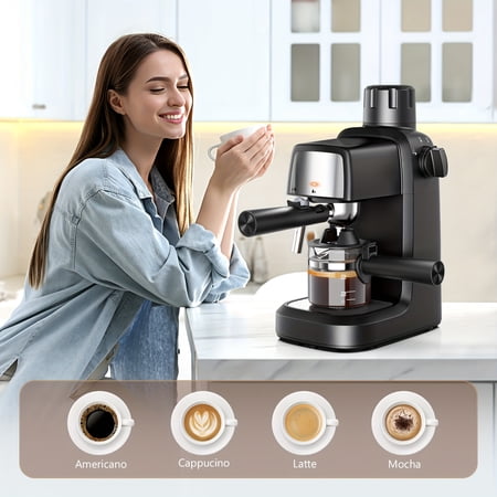 YZHENDEC 3.5Bar Espresso Machine with Milk Frother, 800W Compact 4-Cup Coffee Maker, Preheating Function, Stainless Steel Black Square Design, US Plug for Cappuccino/Latte