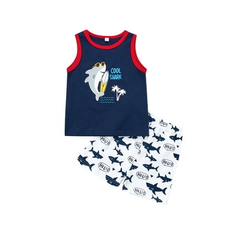 

Suanret Toddler Kids Baby Boys Summer Clothes Sets Sleeveless Crew Neck Shark Print Tank Tops Elastic Waist Shorts Blue 2-3 Years