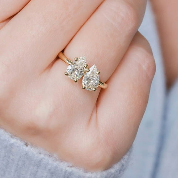 SOLITAIRE JEWELS 2CT Pear Two Stone Toi Et Moi Moissanite Engagement Ring In 10K Yellow Gold