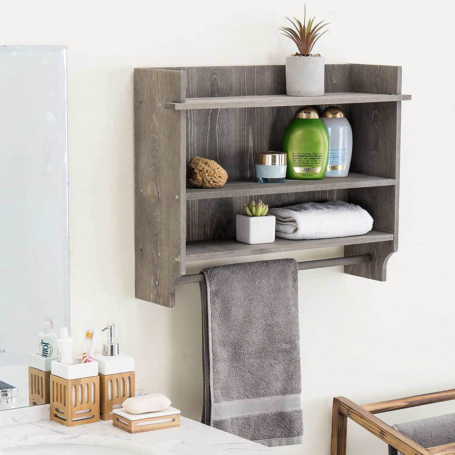 MyGift 24 inch Wall-Mounted Gray Wood 3-Tier Bathroom Organizer Shelf with Towel  Bar