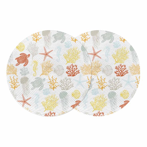 Orange Yellow Coastal Round 13 Inch Placemats Set of 2, Nautical Summer Beach Coral Sea Turtle HeatResistant Non Slip Place Mats for Dining Table, Wipeable Braided Kitchen Table Mats for Housewarming