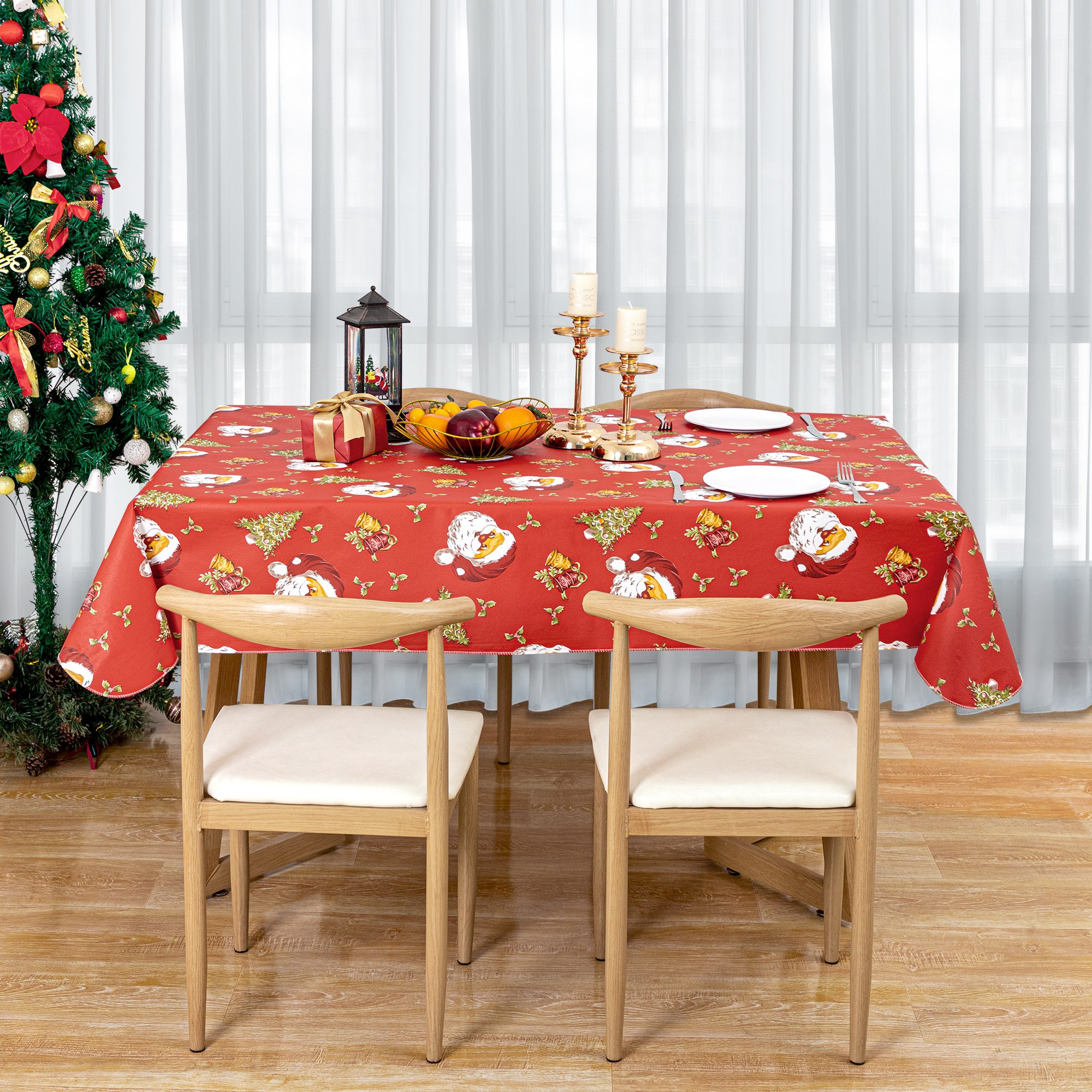 RAY STAR 60x120 inch Christmas Tablecloth Rectangle Vinyl with Flannel Backing Waterproof & Heavy Duty Plastic Table Cover for Dining