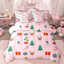 Homewish Kawaii Xmas Snowman 7pcs Bedding Comforter Set,Wild Christmas Reindeer Queen Bedding Sets,Happy New Year Queen Sheet Sets For Kids,Luxury Bedroom Decor Reversible