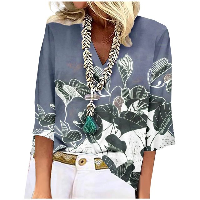 ICHUANYI Clearance Women's Fashion Printed Loose T-shirt 3/4 Sleeves Blouse V Neck Casual Tops(Blue, M) ICHUANYI WER2023081100139