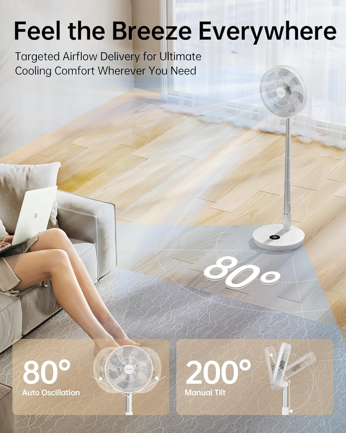 Portable Oscillating Standing Fan with Remote, Quiet 12" Rechargeable Pedestal Fan for Bedroom Office, Foldable Battery Powered Travel Fan, Adjustable Height, 8H Timer, 6 Speeds, 44.4Wh