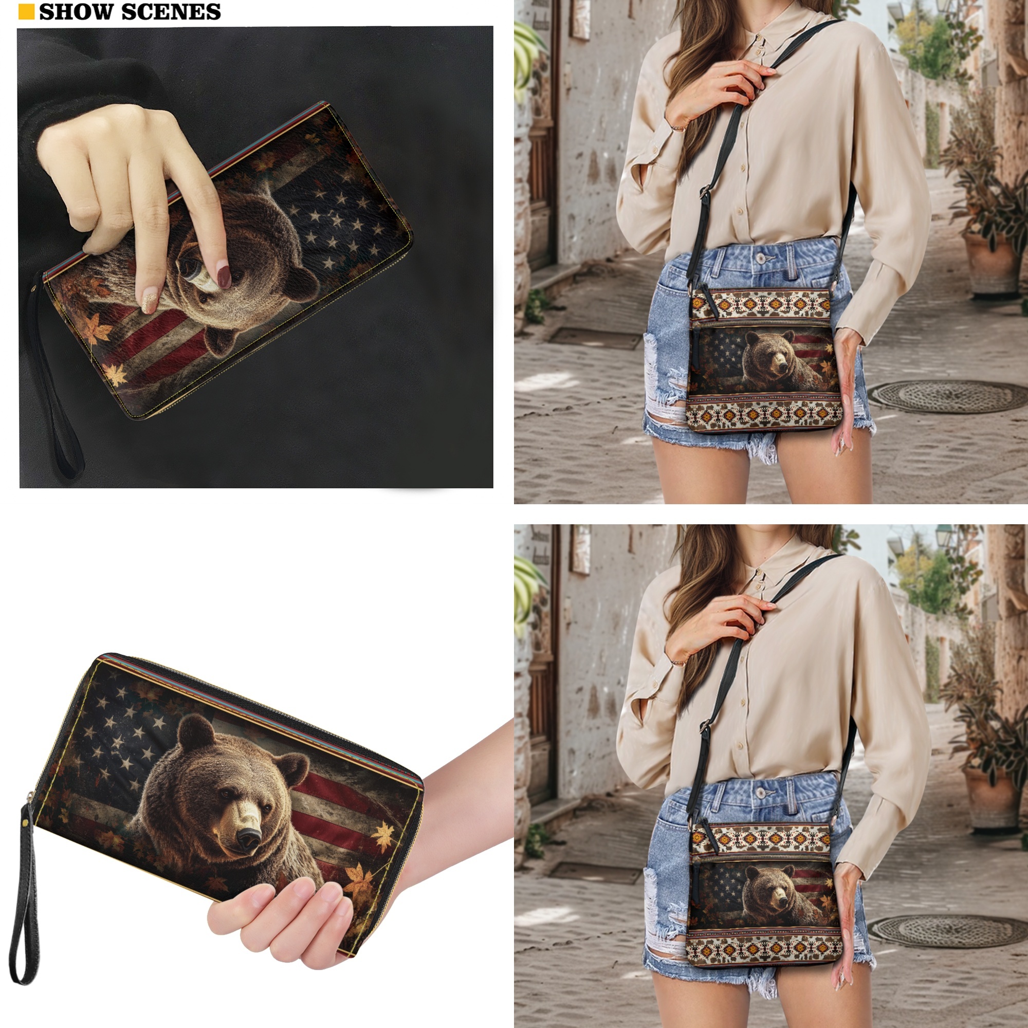 ZUXONGSY Aztec Vintage Bear American Flag Print Ladies Hobo Shoulder Bag Set with Matching Wallet - Waterproof PU Leather Satchel Purse and Wallet for Shopping Work Business Travel Vacation