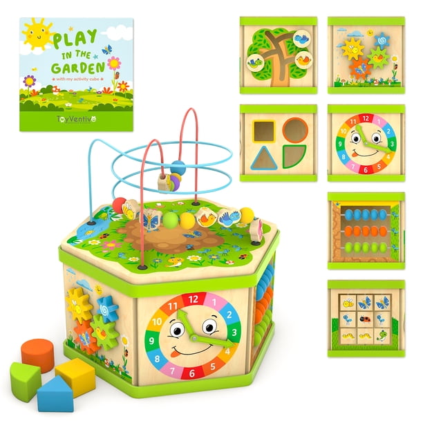 ToyVentive Wooden Activity Cube, Baby Toys for 1224 months, 7 Activities in One