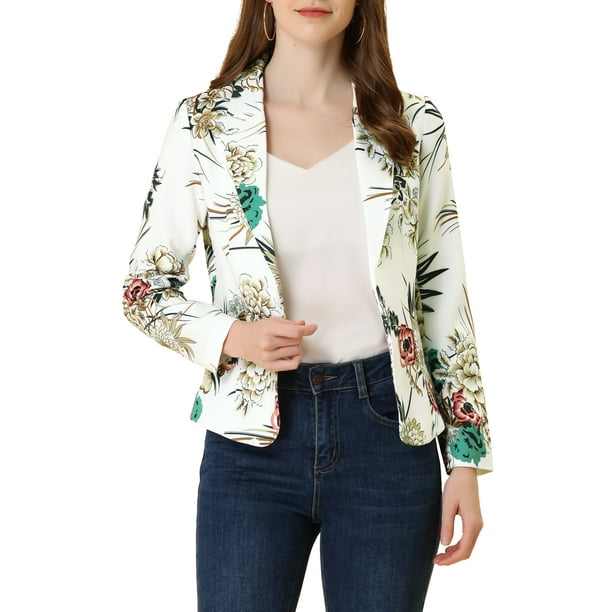 Blazer ajustado para mujer INSPIRE CHIC con solapa de muesca, estampado, chaqueta de traje de trabajo abierta, L Flor blanca