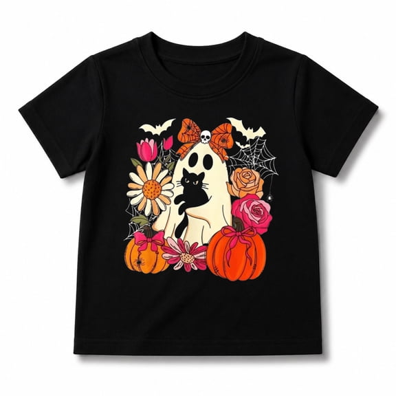 Girls Halloween Shirt with Floral Ghost Pumpkin and Spider Web Graphic, Short Sleeve