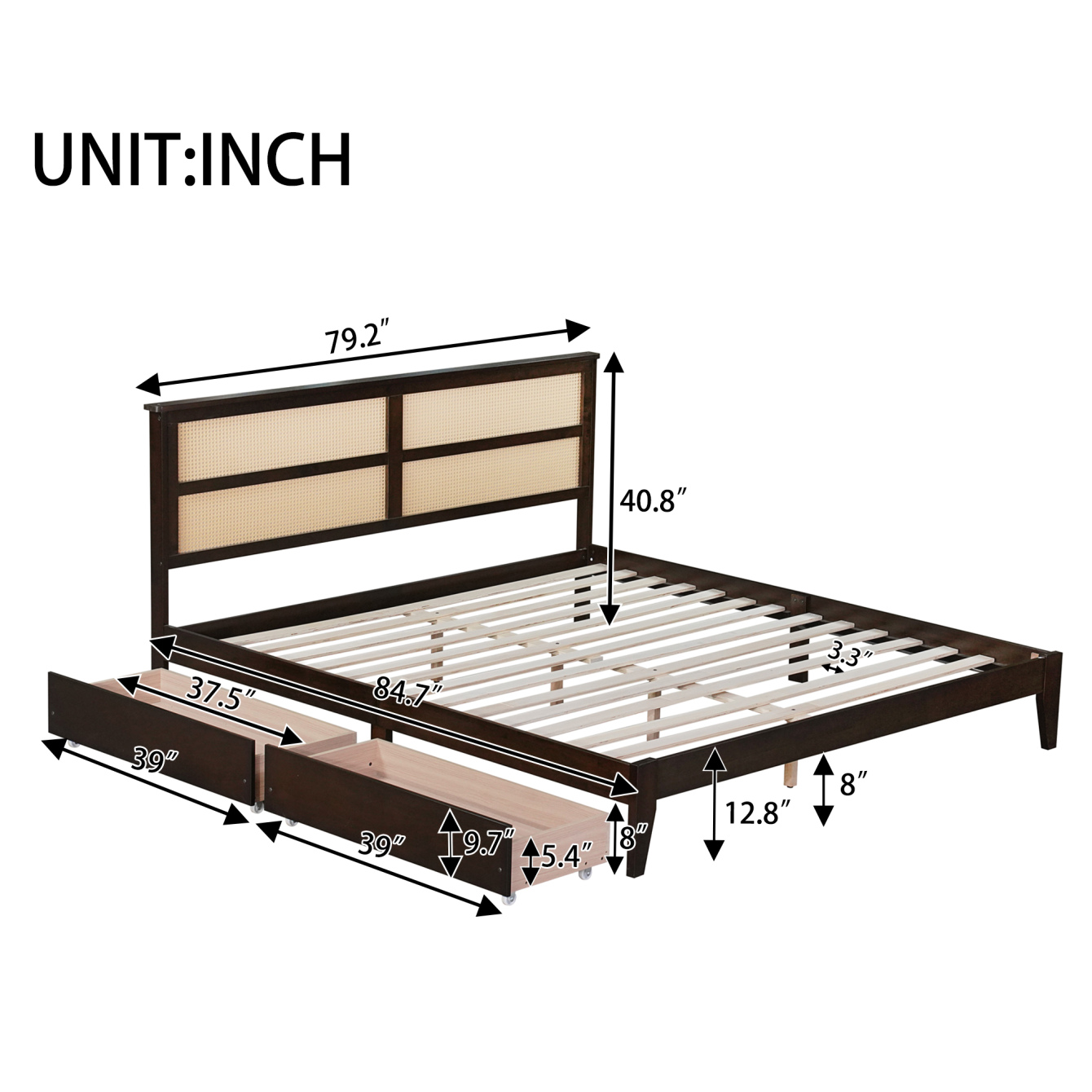 King Size Wood Bed Frame with Rattan Headboard,Platform Bed Frame with 2 Storage Drawers,Solid Wood Construction and Reinforced Slats,No Box Spring Needed,Under-Bed Storage,Quick Assembly,Espresso