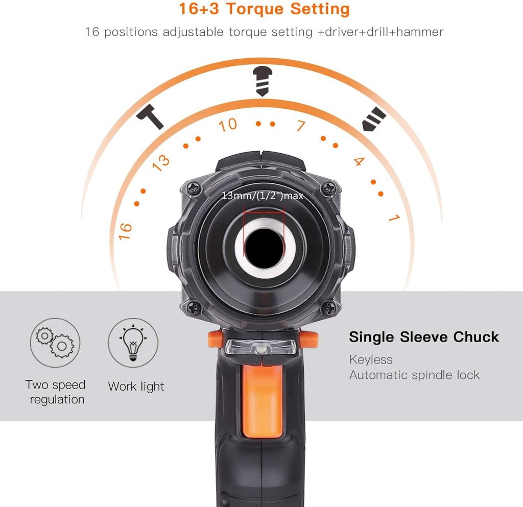 TACKLIFE 20V Power Drill Cordless Driver Impact Drill 2.0Ah