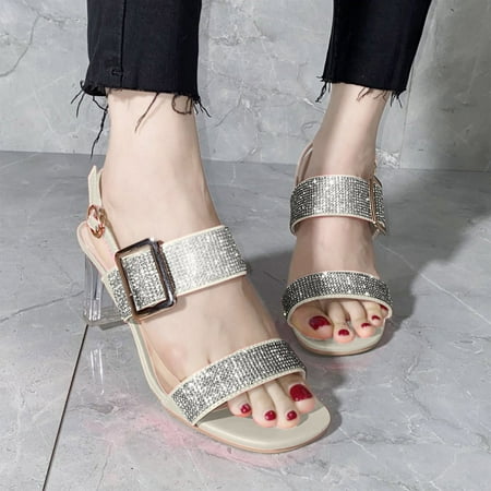 

Tangnade Women Shoes Fashion Large Size Rhinestone One-Word Buckle Thick Heel High Heel Sandals White 39