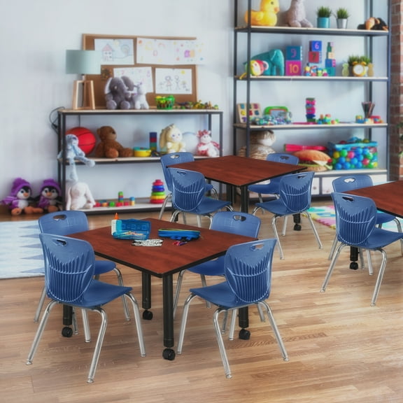 Regency Kee 48" Square Height Adjustable  Mobile Classroom Table - Cherry & 4 Andy 12-in Stack Chairs- Navy Blue