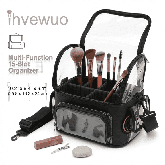 Ihvewuo Stand-up Makeup Bag Cosmetic Train Bag with Strap, Clear Makeup Brush Case, Stand-up Makeup Cup, Waterproof Artist Cosmetic Travel Bag and Organizer, Toiletry Bags with W/ Dividers