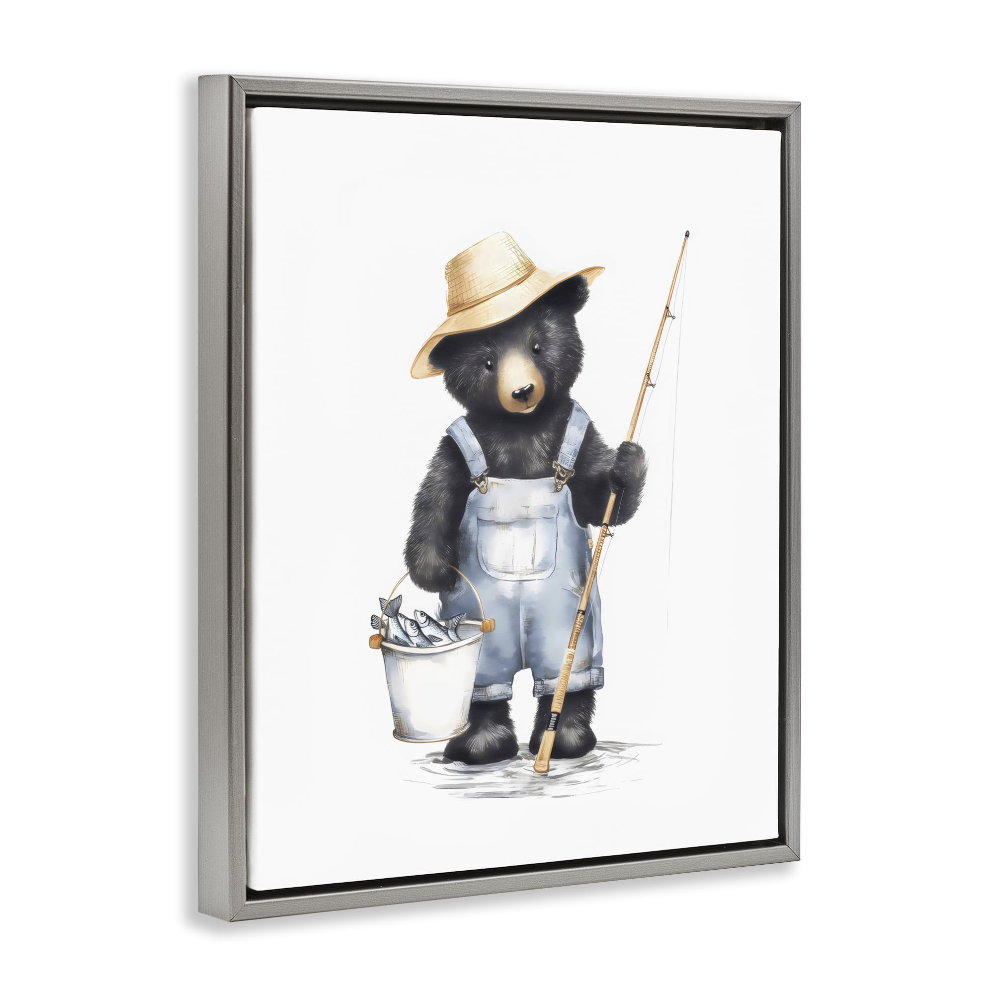 Stupell Industries Fishing Bear in Straw Hat Gray Framed Floater Canvas Wall Art, design by Arlington Prints