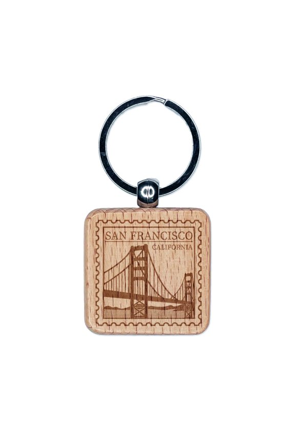 San Francisco California Destination Travel Square Keychain Charm Tag - Engraved Wood