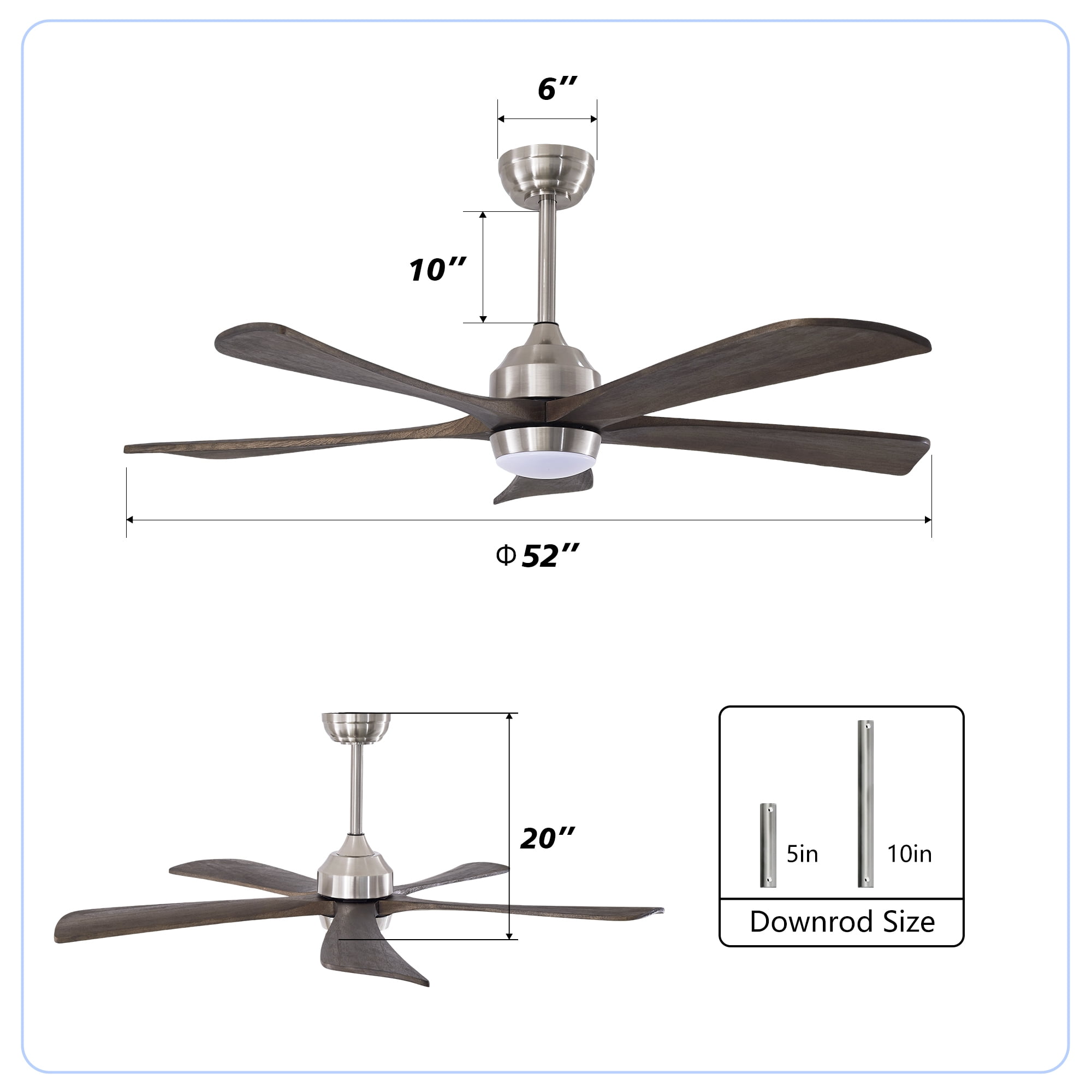 Leumius 52" Solid Wood Blades Ceiling Fan with Light and Remote Control,Quiet DC Motor 5 Blade Ceiling Fans 6 Speed Levels,Reversible for Patio Living Room Bedroom Office Nickel