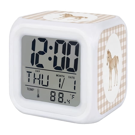 Graceful Pony Digital Alarm Clock for Bedrooms,Smart LED Alarm Clock with 7 Color Changing Night Light,Natural Horse Modern Farmhouse Plaid Rustic Silent Wake Up Clocks for Sleep Study 3.2x3.2