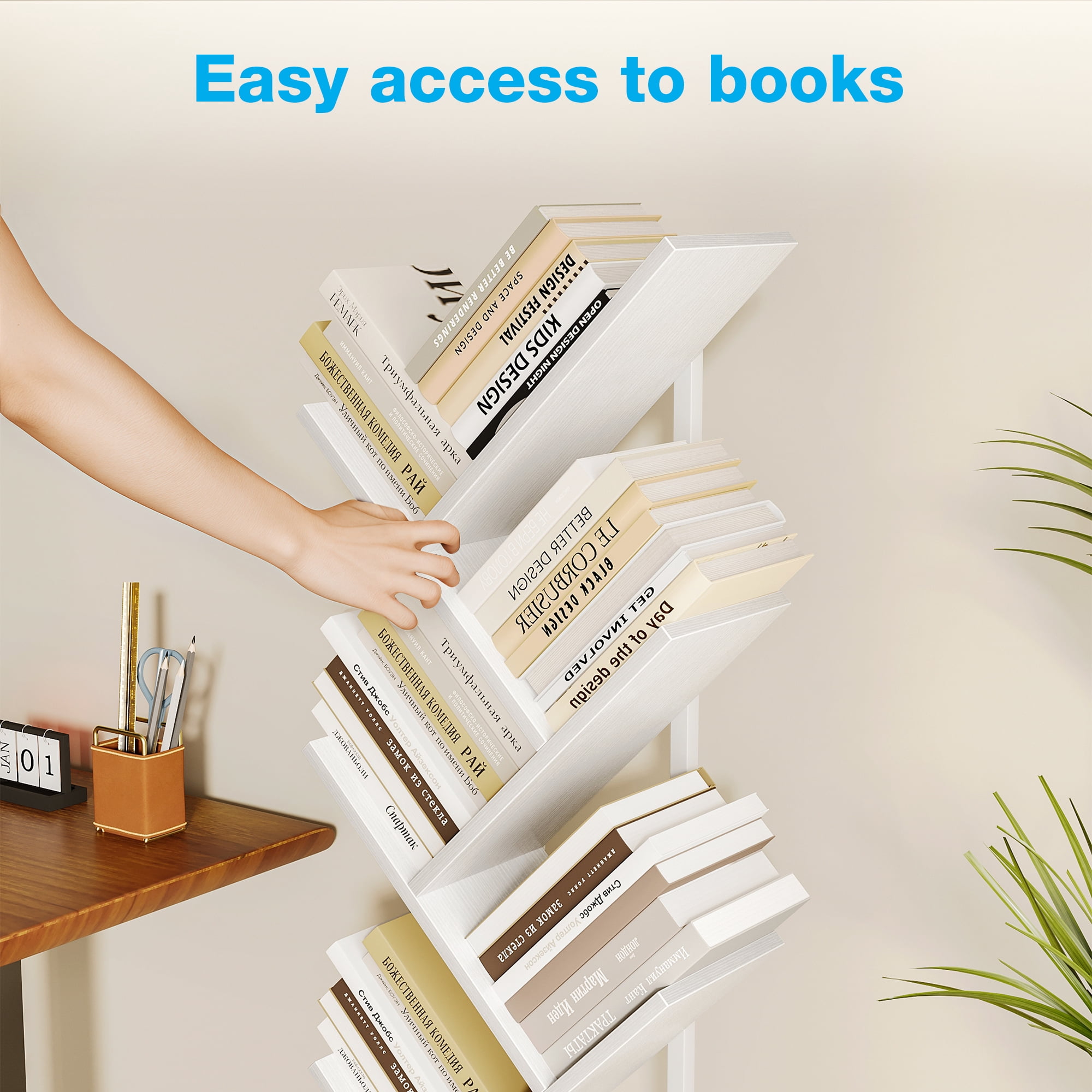 Casacomoda 6-Tier Tree Bookshelf for Corner & Small Space — Narrow Steel & Wood Bookcase, Tall Floor Standing Book Organizer Shelf with Storage Cabinet, Home Decor for Living Room, Bedroom, White