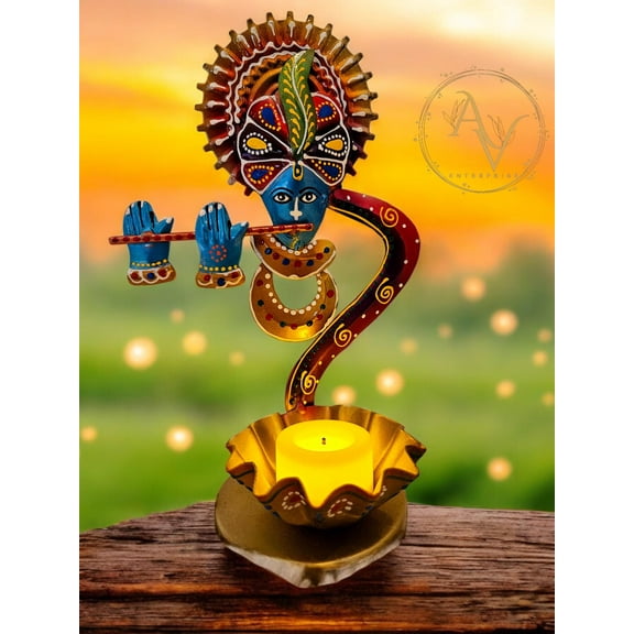 KrishnaTealight Lamp | Candle Holder | Hand painted | Indian Tealight Lamp | Diwali Gift, Housewarming Gift, Birthday, Figurine | Decor