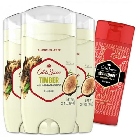 Old Spice Men s Deodorant Aluminum-Free Timber with Sandalwood  3.0 oz Pack of 3 with Travel-Size Swagger Body Wash