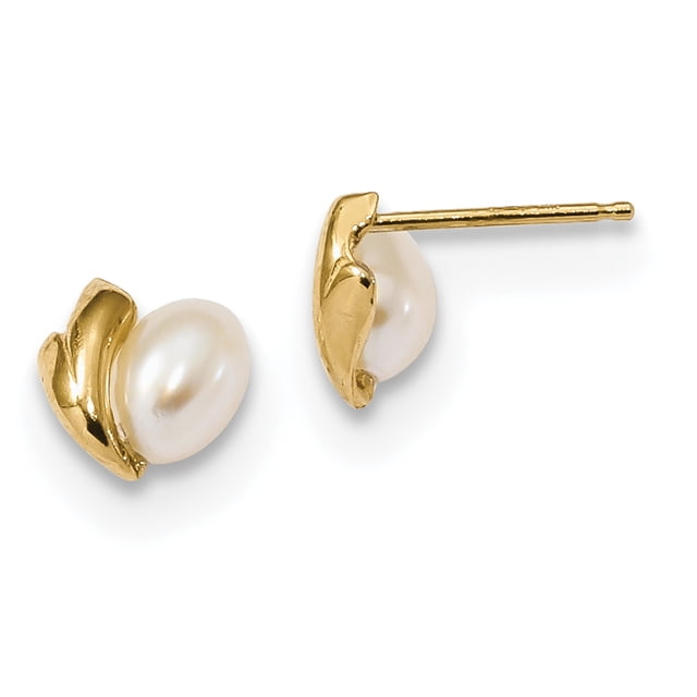 14k Yellow Gold 4mm White Rice Freshwater Cultured Pearl Post Dangle Earrings Ball Button
