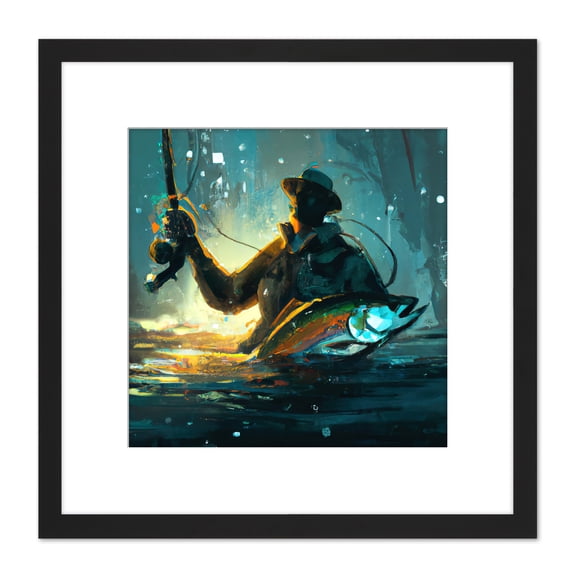 Fly Rod Fishing Fisherman in Water With Large Fish Abstract Painting Square Wooden Framed Wall Art Print Picture 8X8 Inch