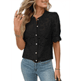 thumbnail image 2 of Camisa Informal de Encaje con Mangas Abullonadas y Cuello Redondo con Ojales y Botones para Mujer, Color Negro, Talla L, 2 of 9