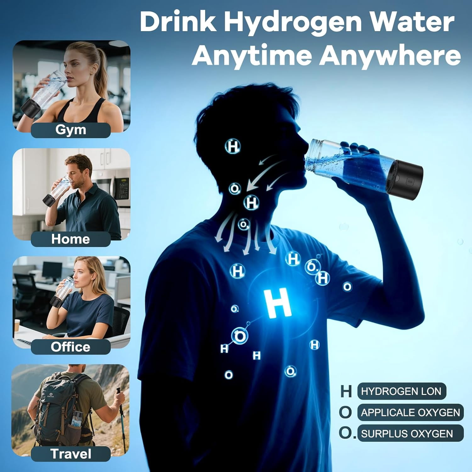 LC-dolida Hydrogen Water Bottle, 460ml Portable SPE/PEM Tech Hydrogen Water Machine with LED Light, 1800PPB Hydrogen Concentration for Home Office Gym Travel (Black)