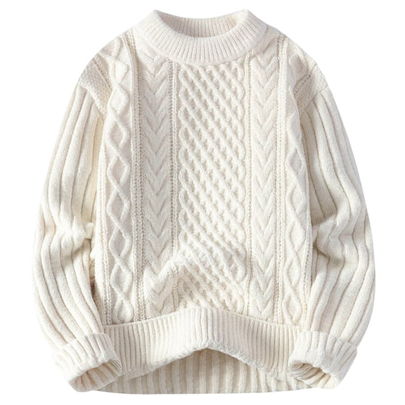 YLSDY Oversized Cable Knit Sweaters for Men Long Sleeve Solid Color Crewneck Sweater Loose Fit Woven Knitted Soft Pullover White XXL