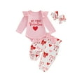 thumbnail image 2 of Loicainy Baby Toddler Girls 3 Piece Valentine's Day Outfit 3 6 9 12 18 Months Long Sleeve O Neck Letter Heart Bow Print Jumpsuit Headband Elastic Waist Pants Clothes Set, 2 of 9