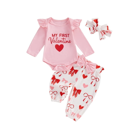 BemeyourBBs Baby Girls My First Valentines Day Outfit Long Sleeve Letter Heart Bow Print Romper Headband Pants Set Cute Infant Spring Clothes