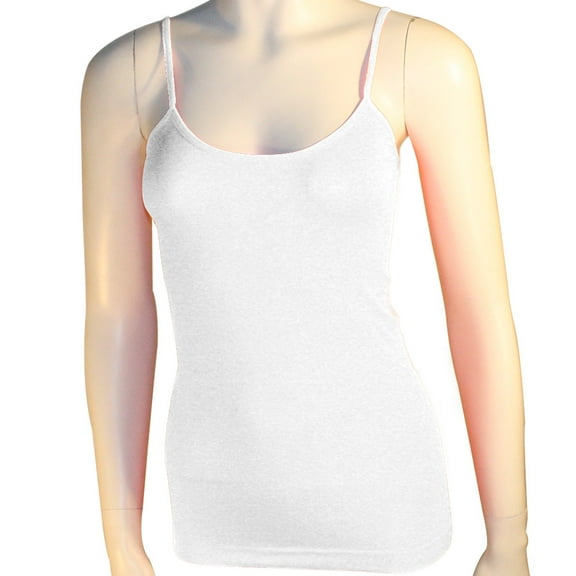 Women's Basic Stretch Camisole Tank Top Spaghetti Strap Long Plain Cami White