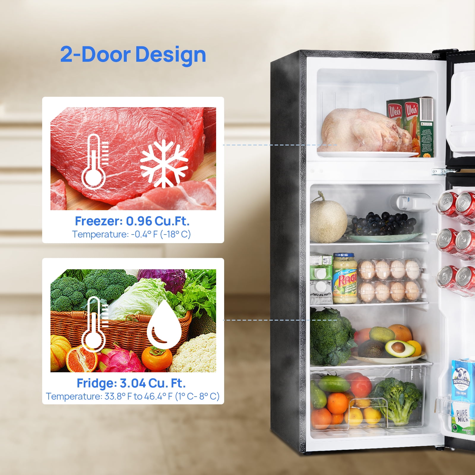 Upstreman 4.0 Cu.Ft. Mini Fridge with Freezer, 2 Door Small Refrigerator with 5 Adjustable Thermostat, Compact Refrigerator for Kitchen Apartment Bedroom Dorm Office, Black BR401