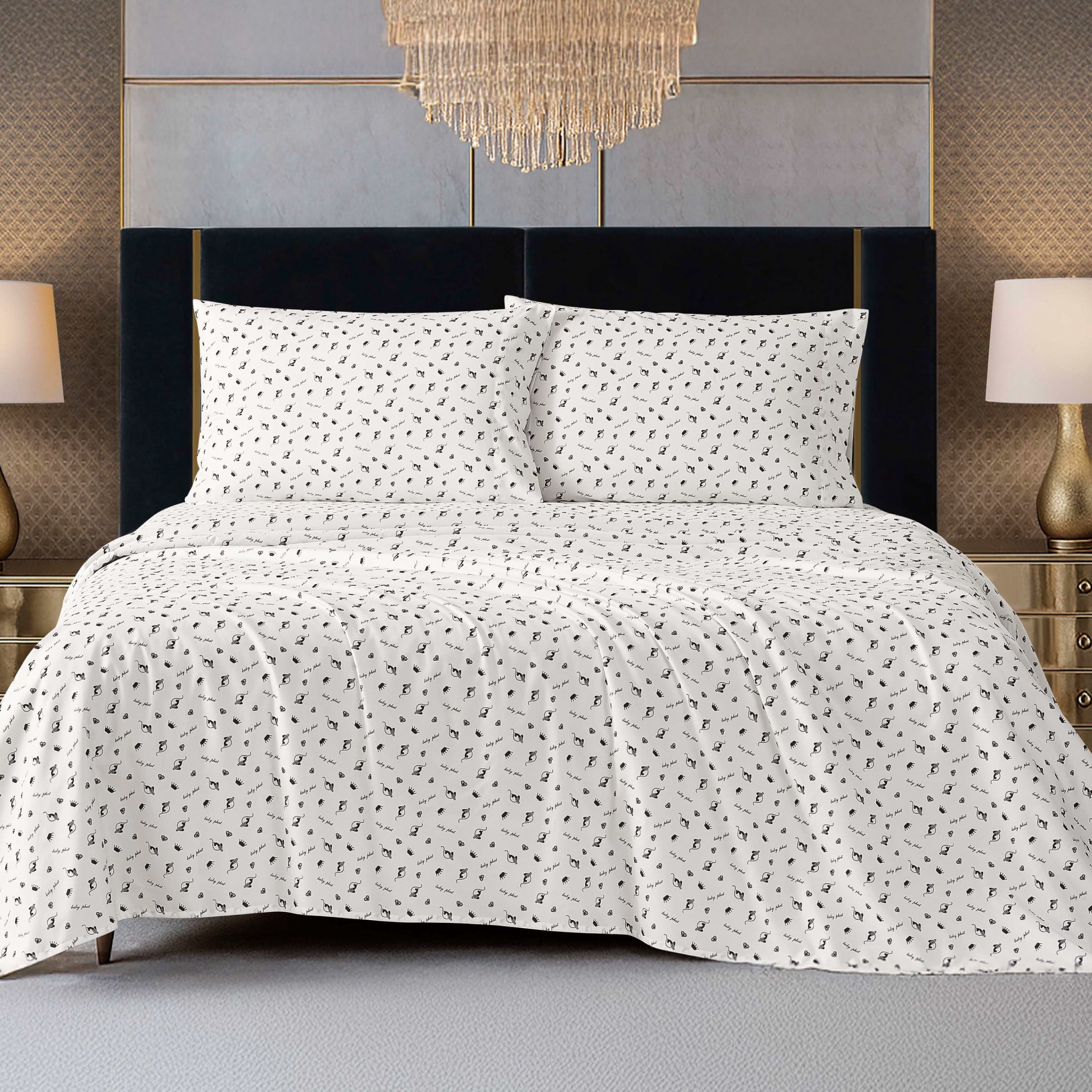 Baby Phat Printed Microfiber Sheet Sets, 4-Piece Queen, White