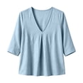 thumbnail image 4 of thefmos Women's Fall V Neck 3/4 Sleeve Pleated Flowy Blouses Casual Dressy Tops Solid Basic Pullover for Work Vacation Fashion Clothes, Blue S, 4 of 9