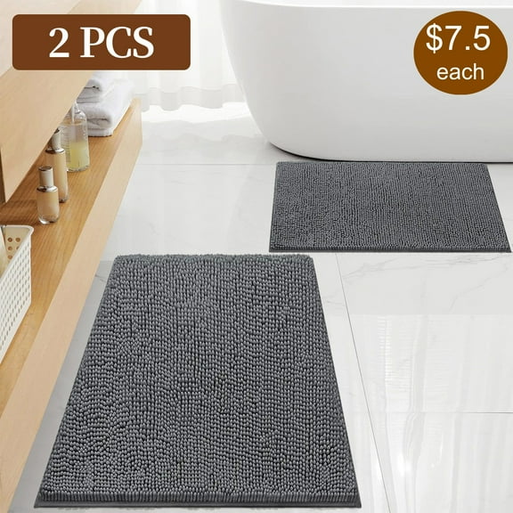 2 Pack Chenille Bath Rugs, Non-Slip Soft Absorbent Microfiber Bath Mats, Rubber Backing Quick Dry，Machine Washable Floor Mat, 24×16, Gray