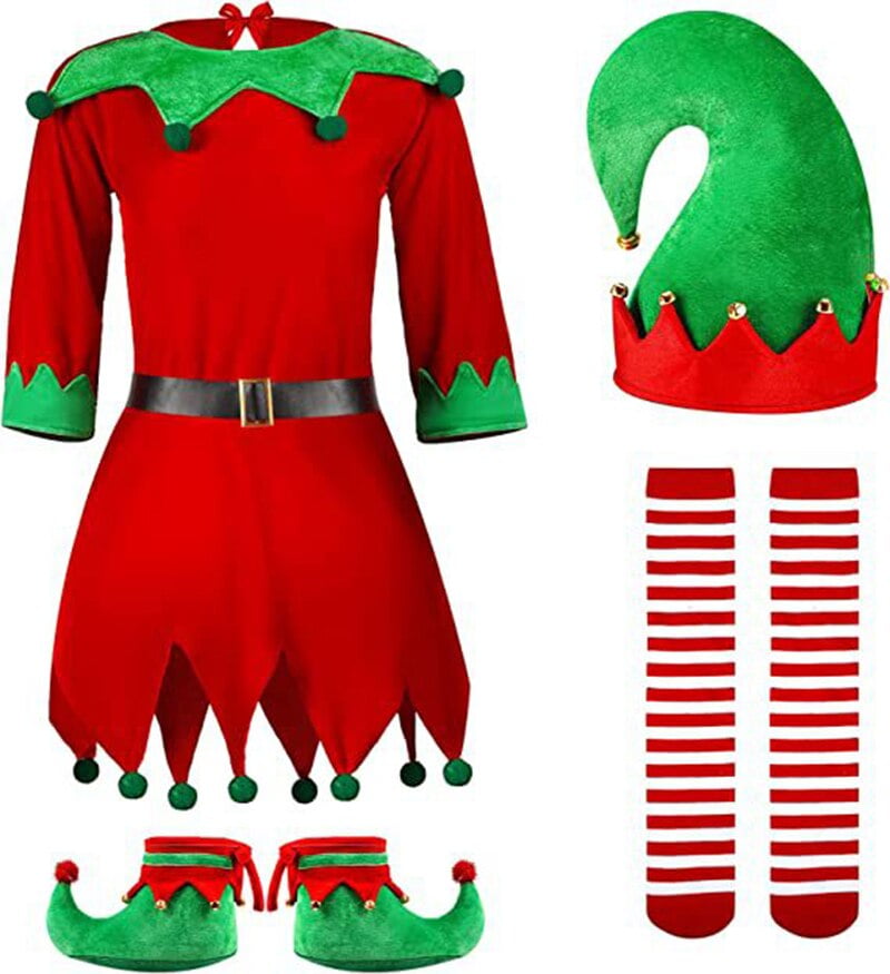 Disfraz De Duende Navideño Para Niña - Conjunto Completo (vestido, Sombrero, Calcetines), Tela De Algodón, Para Fiestas Y Cosplay