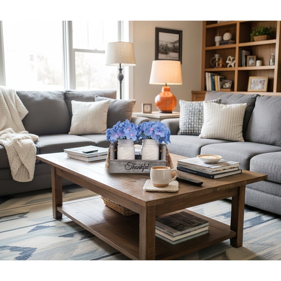 Farmhouse Mason Jar Centerpiece Set – 2 White 16oz Mason Jars with Blue Hydrangea Flowers in Rustic Wood Tray, Dining & Coffee Table Décor