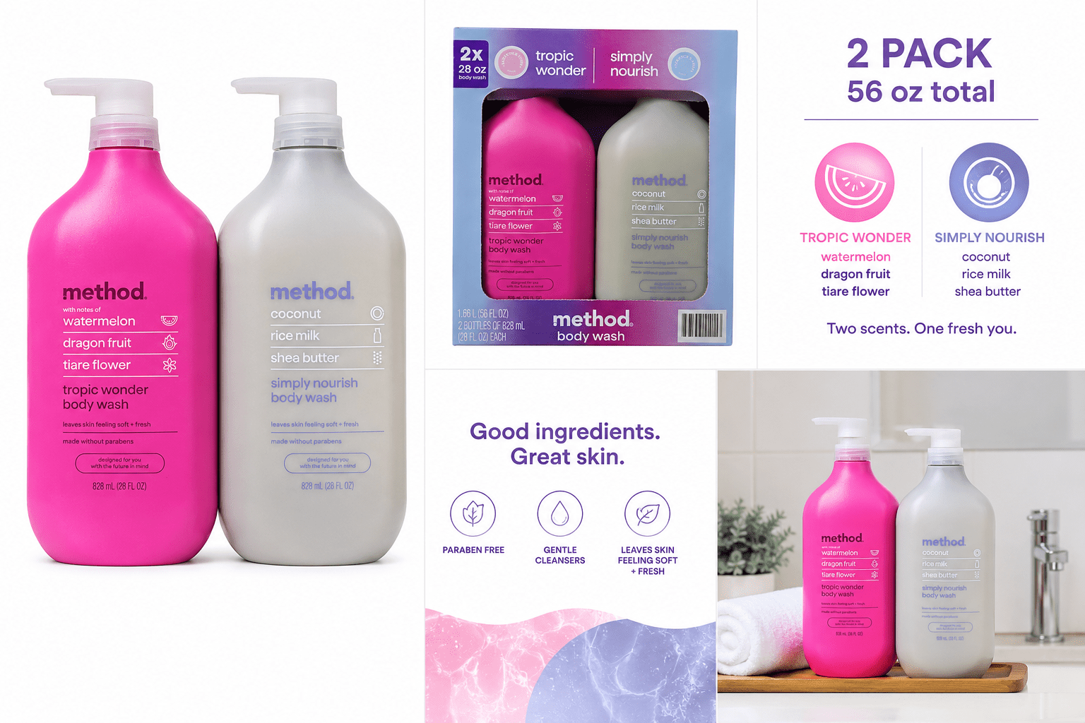 Method Body Wash Set, 2 Pack, 28 oz Each – Tropic Wonder & Simply Nourish – Coconut Rice Milk Shea Butter & Watermelon Dragon Fruit – Paraben Free Moisturizing Body Wash