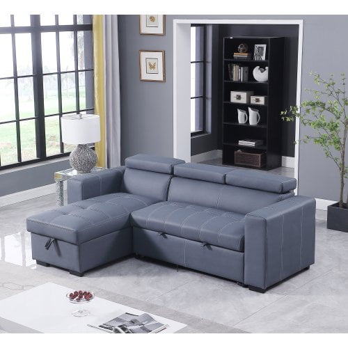 Reversible Sectional Sofa Bed With Storage Leathaire L Shaped Pull Out Sleeper Adjustable Backrest 3 Seat Upholstered Lounge Couch For Living Room Bedroom Dorm Blue Com Sleeper Sofa Bed Adjustable Backrest, Blue Leather Sleeper Sofa Sectional