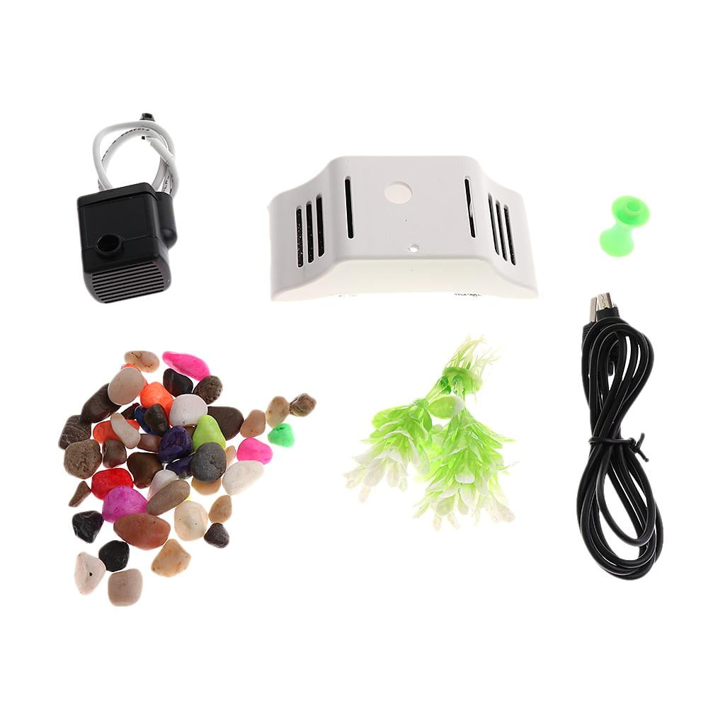 EHJRE Home Office Creative Decoration USB Charge Mini Fish Tank Desk Transparent Aquarium Tank With LED Clock, Decorative Pebbles, And Artificial Plant