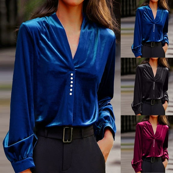 Kinrui Women's Velvet Tops Long Sleeve V Neck Pearl T-Shirt Trendy Formal Evening Party Holiday Shirts Business Work Blouse Blue,L