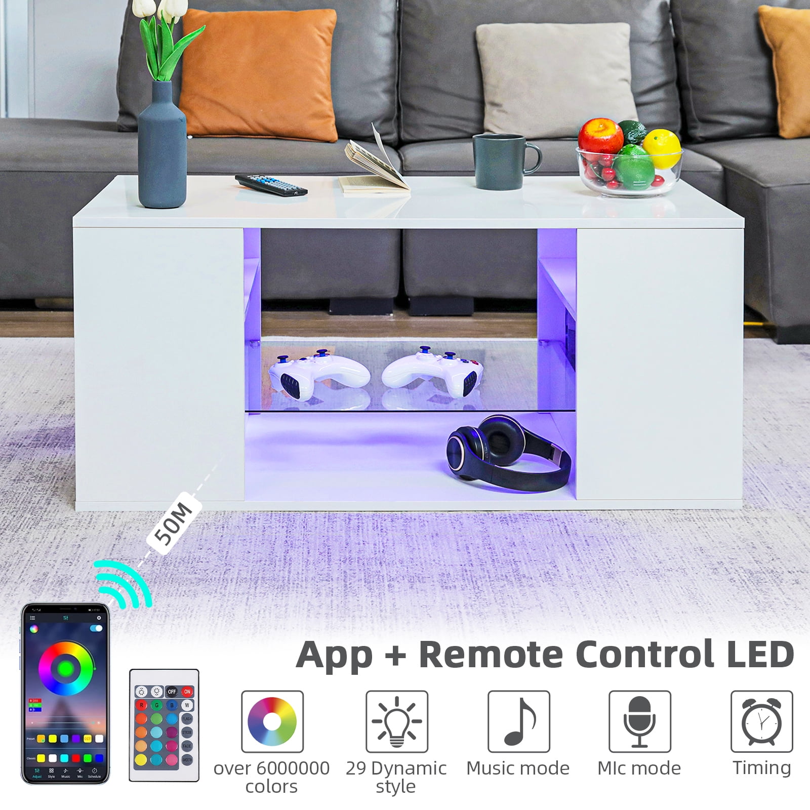 Hommpa White Coffee Table LED Coffee Table with Storage Modern Living Room Table Glass Open Shelves Rectangle Cocktail Center Tables High Gloss
