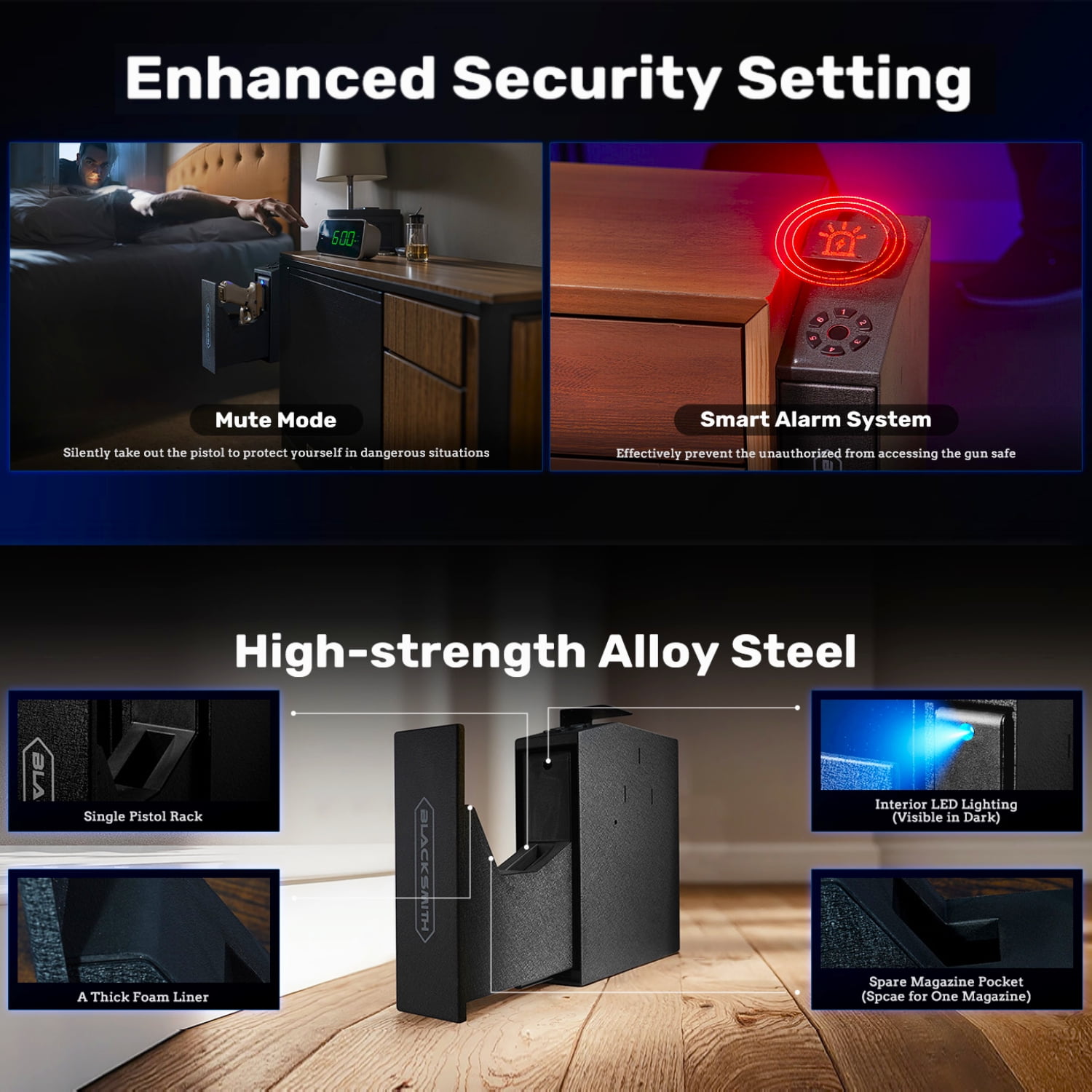 Gun Safe,Blacksmith Biometric Gun Safe for Pistol with APP Control and Fingerprint,Wall Mounted Handgun Pistol Safe Quick Access Auto Sliding Gun Locker Box,Black