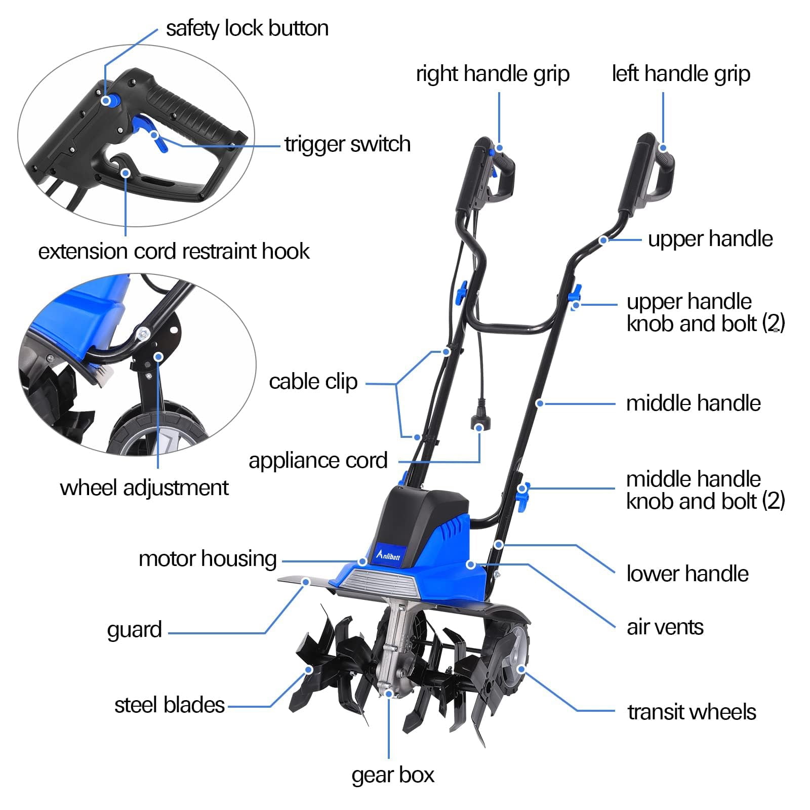 16 in Tiller Cultivator 120V 13.5 Amp 6 Steel Tines Tillers for Gardening Foldable Electric Garden Rototiller with Adjustable Wheels