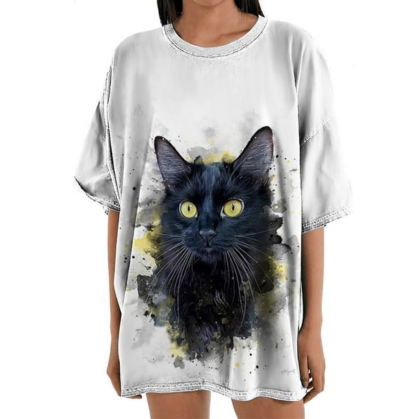 Pompotops Womens Round Neck Cat Shirts Tshirts Oversize Dropped Shoulders  Loose Casual Summer Shirts Tops Cute Graphic Print Blouse