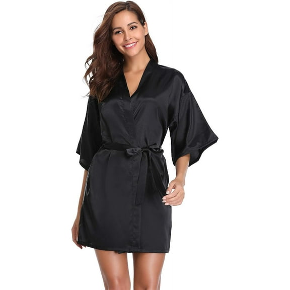 Vlazom Womens Kimono Robes Dressing Gown Satin Bathrobe Nightdress Short Style Bridal Robe XX-Large Black